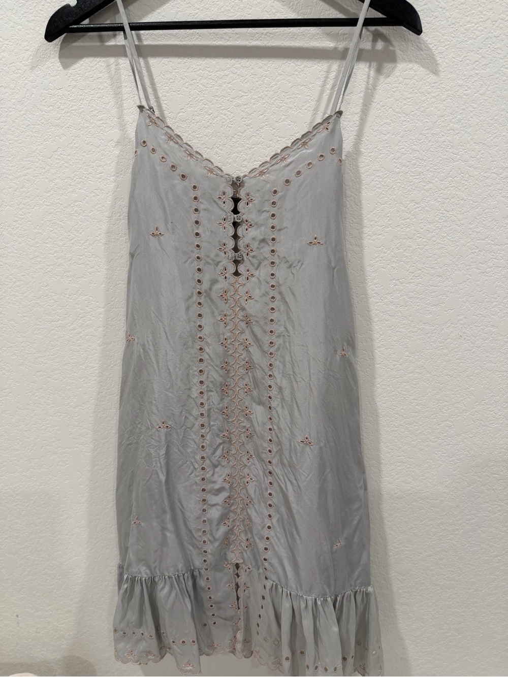 BCBG Max Azria Light Blue Mini Slip Dress with Blush Embroidery